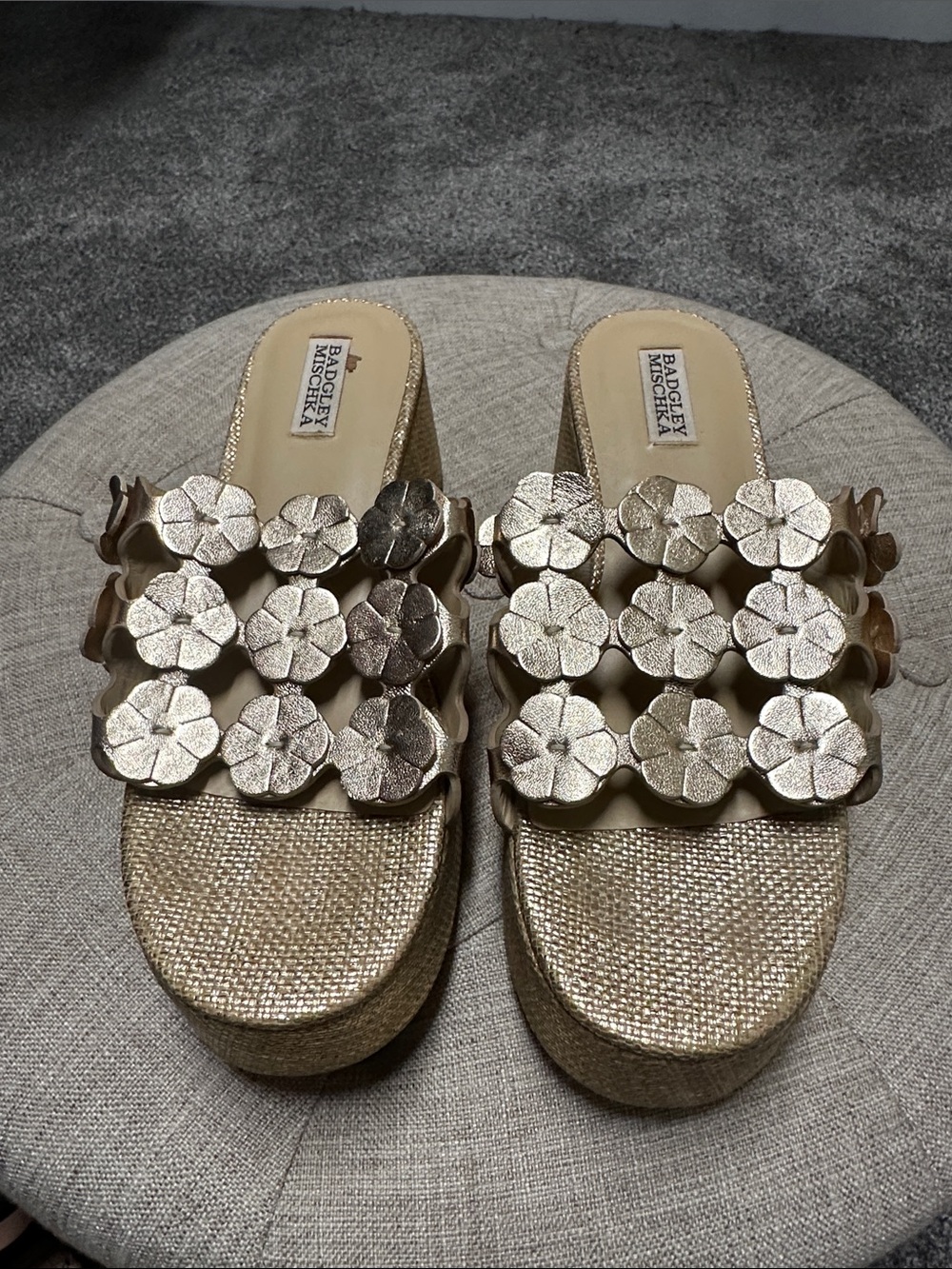 Badgley Mischka Metallic Gold Floral Slide Clogs